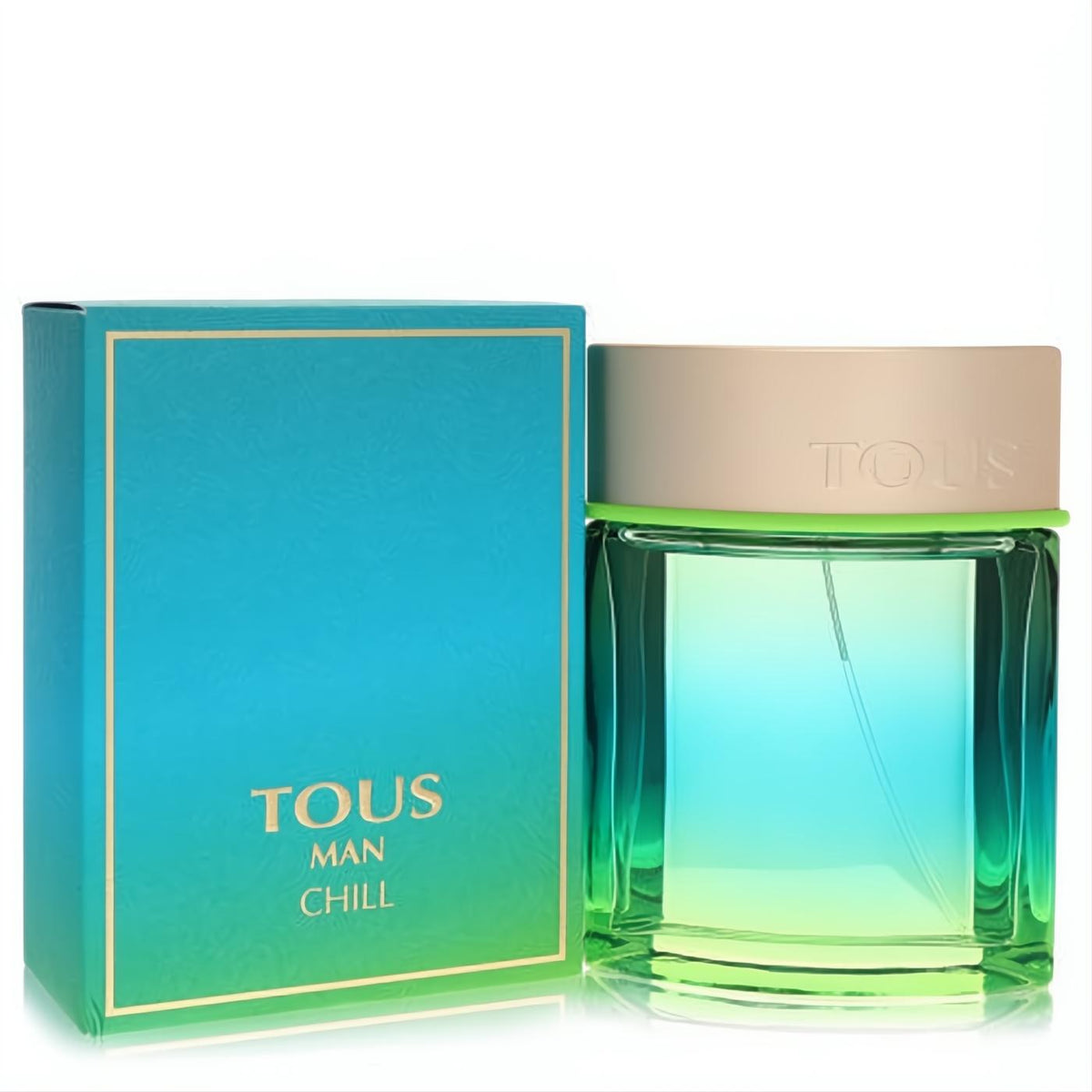 Tous Man Chill 3.4 oz EDT in a sleek blue-green gradient bottle with a tan cap, lime accent, and vibrant matching box.