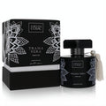 Luxurious Simone Cosac Trama Nera 100ml perfume. Distinctive black glass bottle with white floral patterns, a pearl tassel, and matching box.