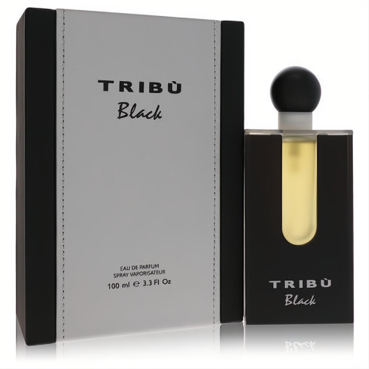 Sleek Tribu Black by Benetton men's Eau De Parfum, 3.3 oz. Bold black bottle and matching box for a sophisticated fragrance.
