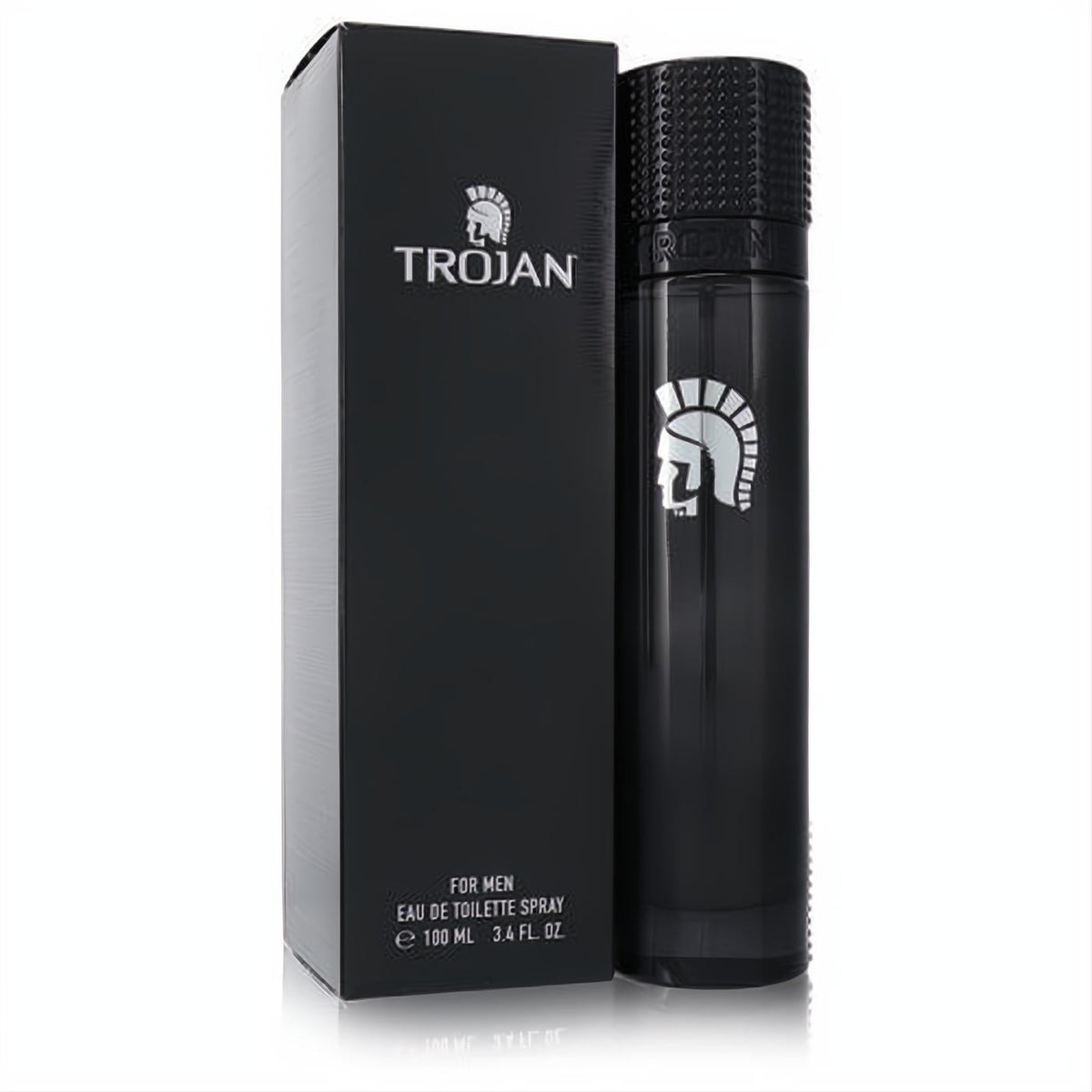Powerful Trojan for Men 3.4 oz Eau De Toilette. Sleek matte black bottle and box with iconic silver Spartan helmet logo.