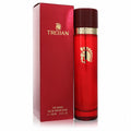 Luxurious ruby red Trojan for Women 3.4 oz Eau De Parfum spray bottle with gold helmet logo, textured cap, and matching box.