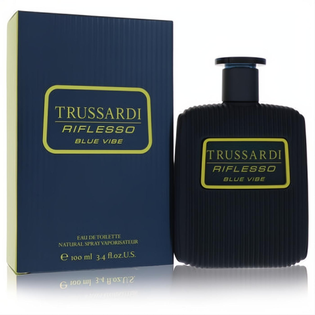 Bold Trussardi Riflesso Blue Vibe 3.4 oz EDT. Deep blue ribbed bottle, gold label, matching box. Experience refined fragrance.