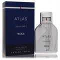 Tumi Atlas Eau De Parfum 3.4 oz for men. Sleek silver metallic bottle with a distinctive red accent cap and elegant dark blue box.