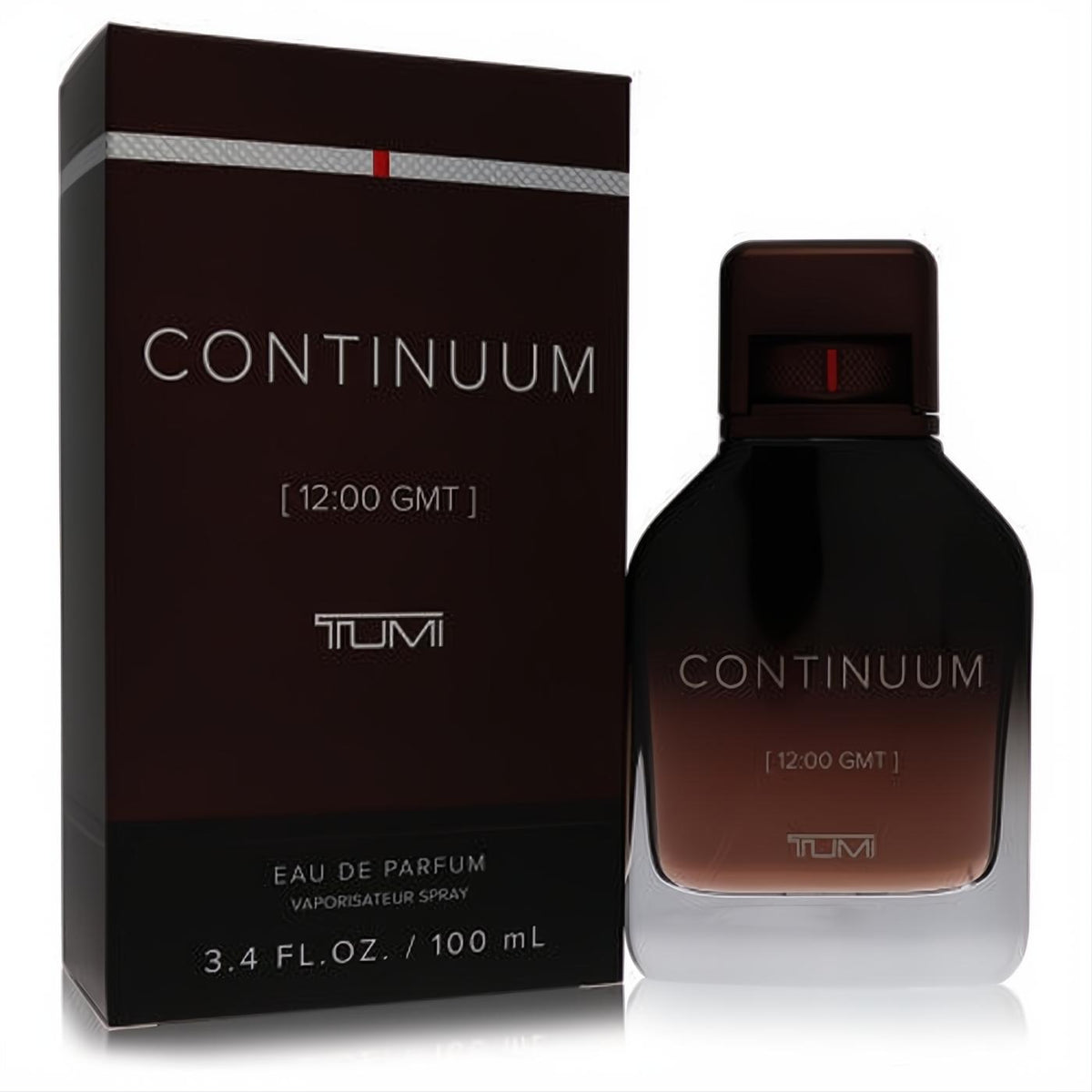 Experience Tumi Continuum 3.4 oz men's Eau De Parfum. Elegant dark brown bottle with clear base and sophisticated matching packaging.
