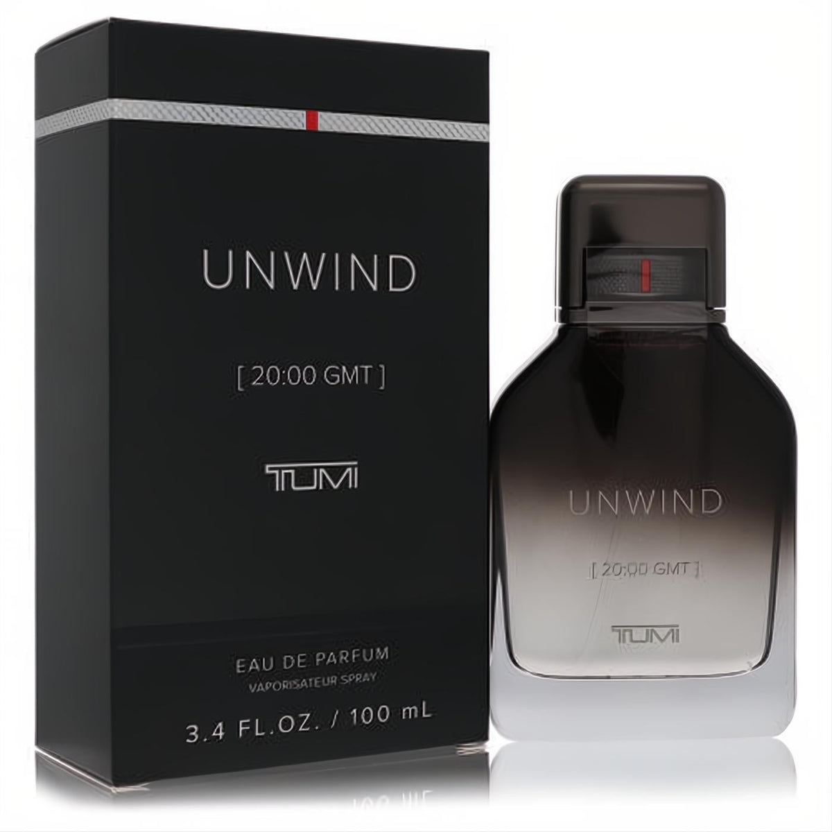 Tumi Unwind Eau De Parfum 3.4 oz for men. Sophisticated black and clear glass bottle with a sleek design and matching branded box.