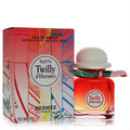 Vibrant Tutti Twilly d'Hermès 1.6 oz women's EDP. Ombre red bottle with white bowler cap & colorful twilly ribbon, beside its artistic box.