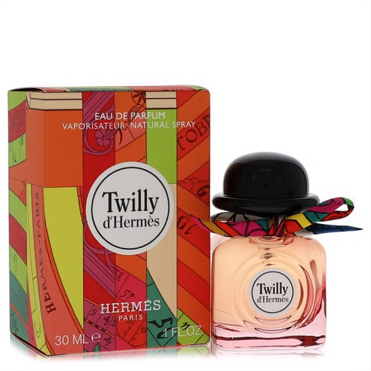 Twilly d'Hermès 1 oz EDP spray. Chic peach bottle, black bowler hat cap, and vibrant silk twilly ribbon. Comes with a colorful designer box.