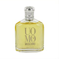 UOMO MOSCHINO Eau De Toilette Tester. Distinctive clear glass bottle with golden fragrance, sleek silver cap, and unique "UOMO MO?" design.