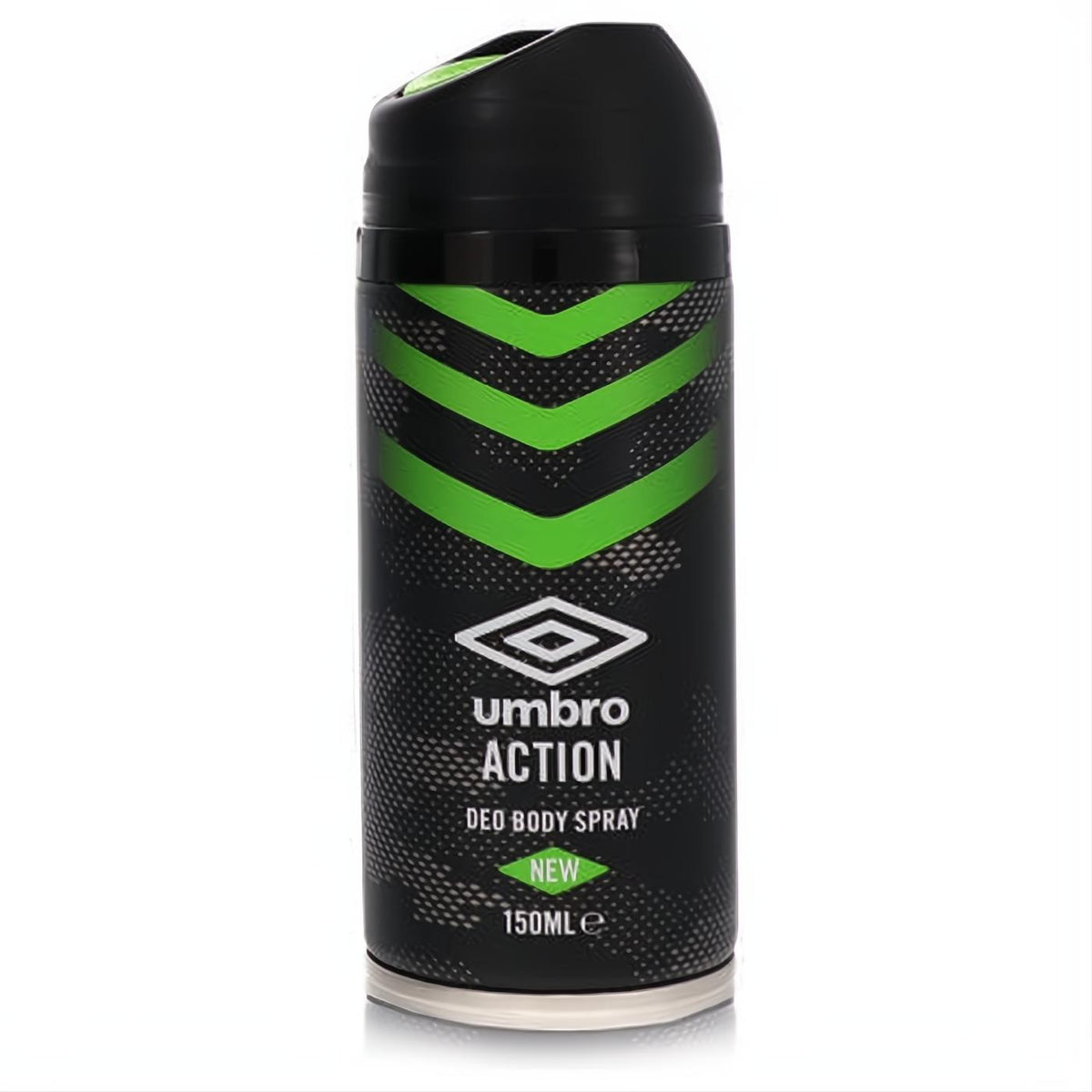 Energizing Umbro Action 150ml black body spray with dynamic green chevrons, iconic logo, and "NEW" label. Stay fresh.