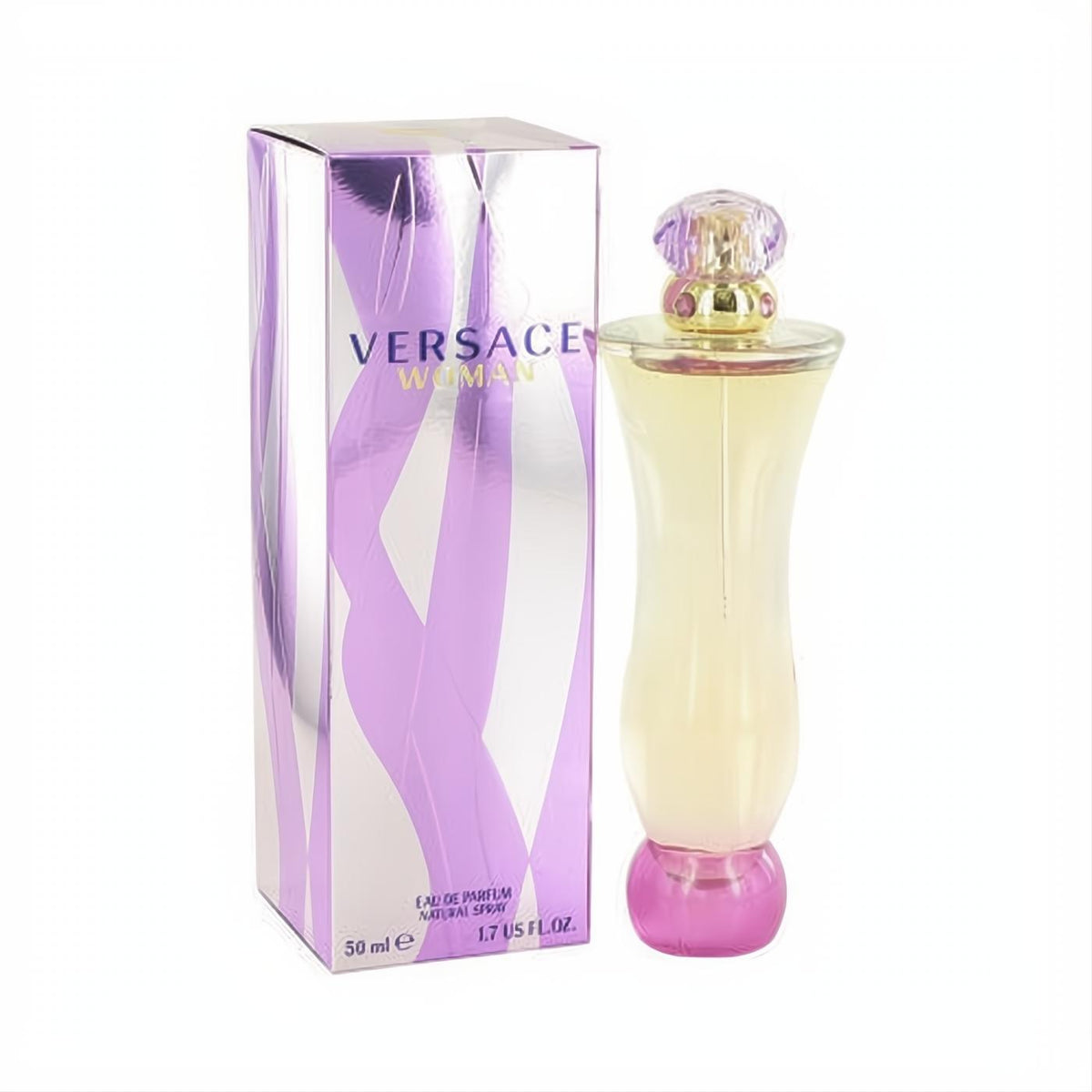 Elegant Versace Woman 1.7 oz Eau de Parfum bottle with light yellow liquid, pink base, and ornate cap, beside its shimmering purple box.