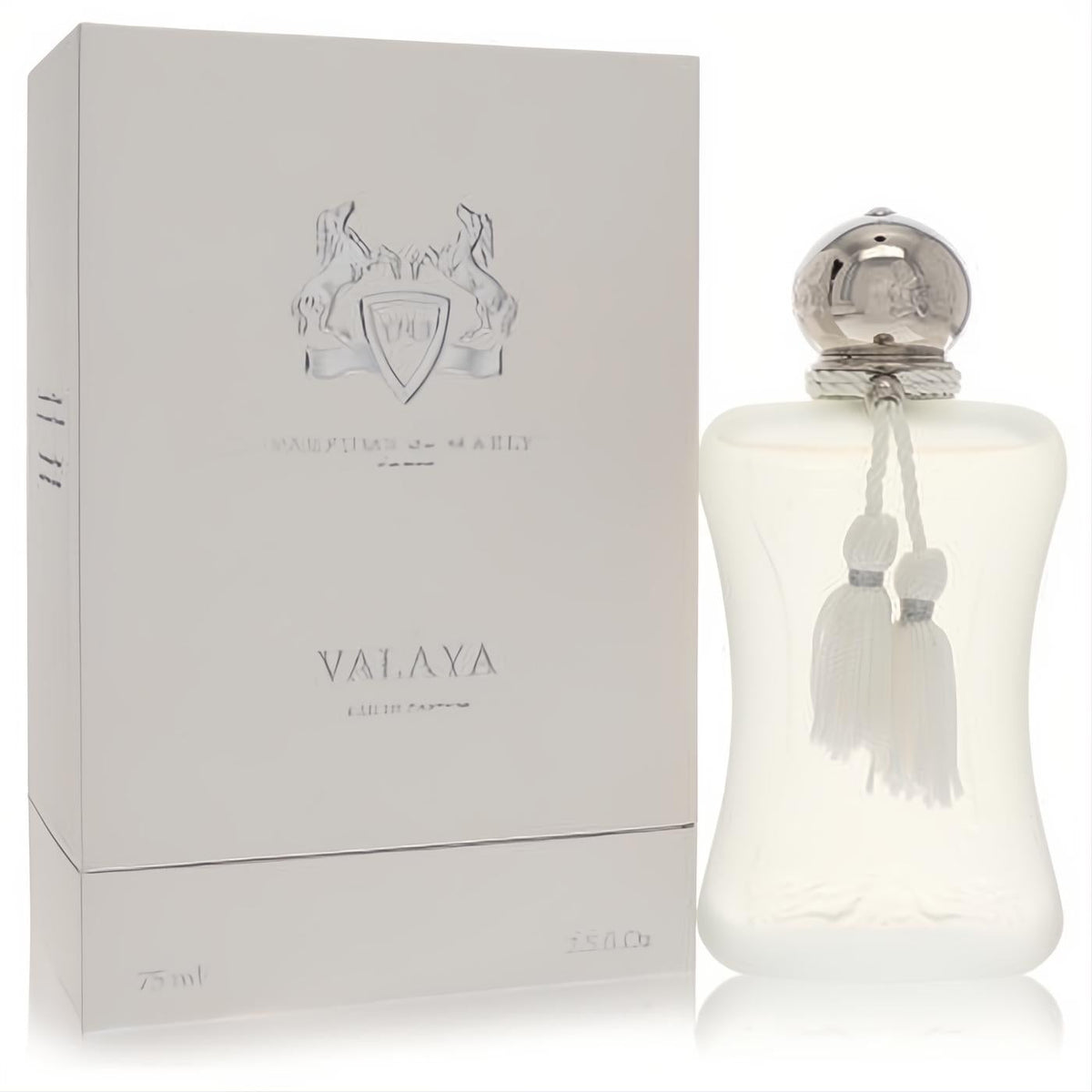 Valaya by Parfums De Marly 2.5 oz EDP. Elegant frosted white bottle with silver cap, white tassels, and luxurious matching box.