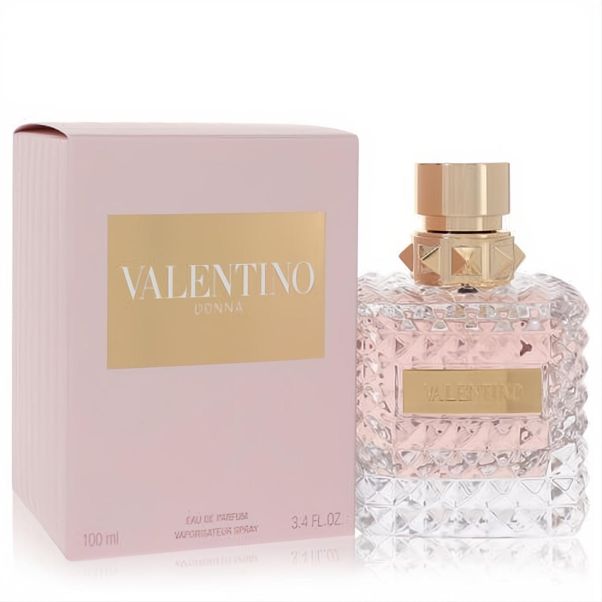 Valentino Donna 3.4 oz EDP. Exquisite pink box, iconic studded glass bottle, and luxurious gold cap.