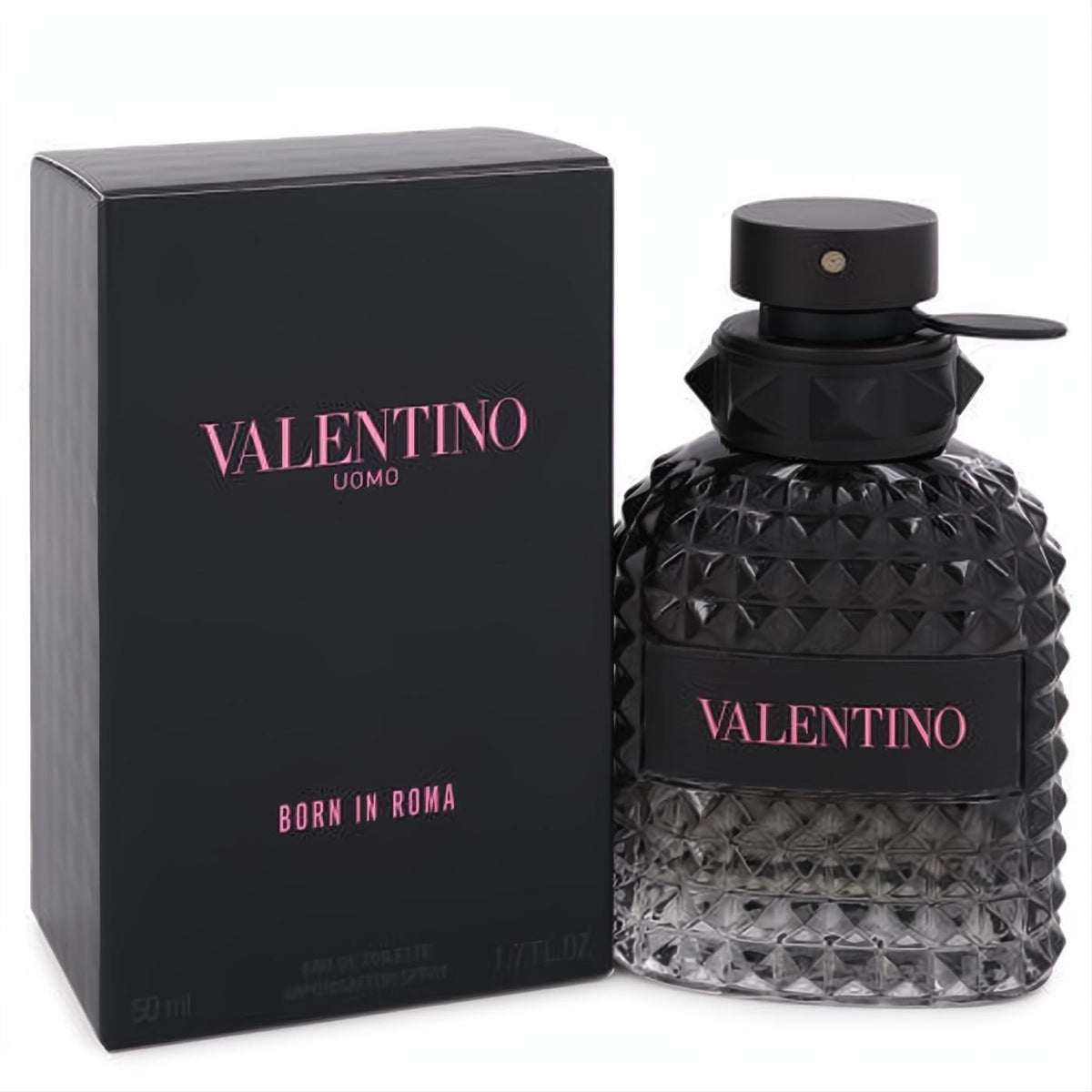 Elevate your style with Valentino Uomo Born In Roma 1.7 oz men's cologne. Black pyramid-studded bottle and box, pink logo.