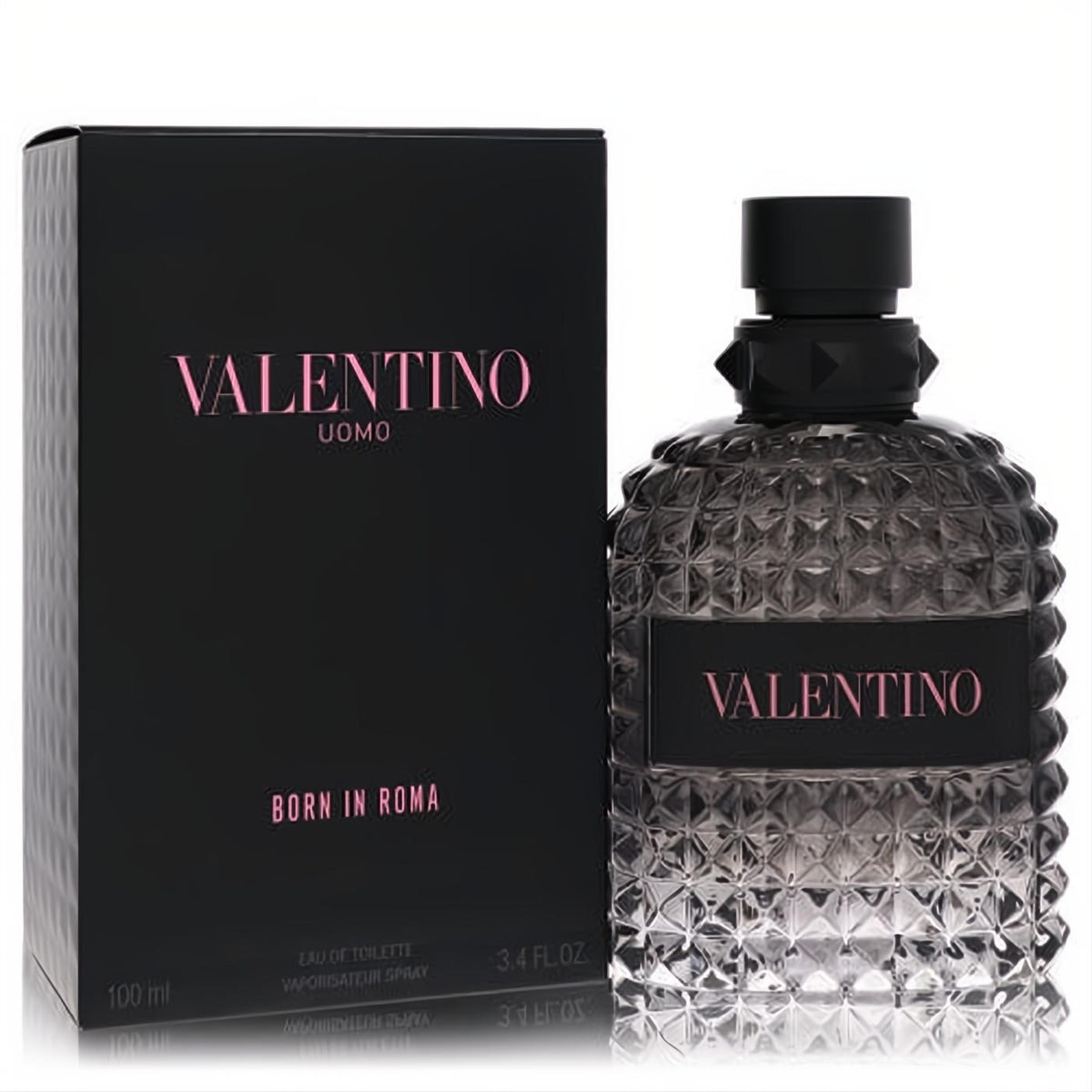 Valentino Uomo Born In Roma 3.4 oz men's EDT. Distinctive black studded glass bottle with pink logo and sleek black box.