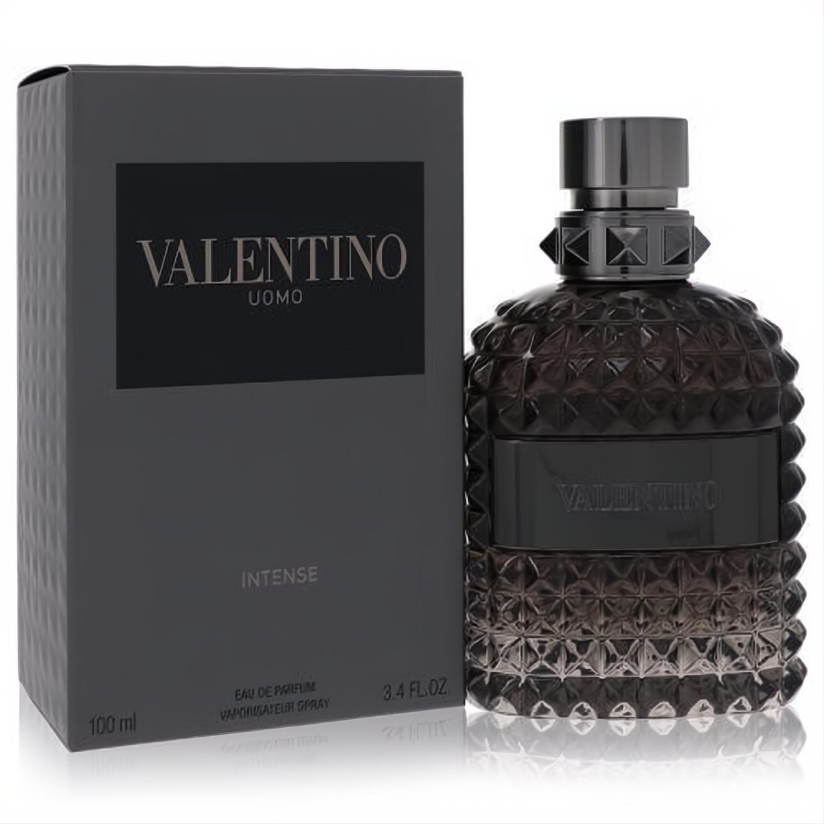 Valentino Uomo Intense 3.4 oz men's EDP. Dark gray pyramid-studded bottle and matching box for a luxurious experience.