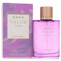 Valor by Dana 3.4 oz women's EDT. Chic purple bottle, rose gold cap, and matching abstract purple box. Made in America.