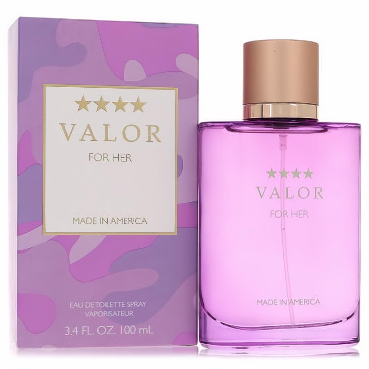 Valor by Dana 3.4 oz women's EDT. Chic purple bottle, rose gold cap, and matching abstract purple box. Made in America.