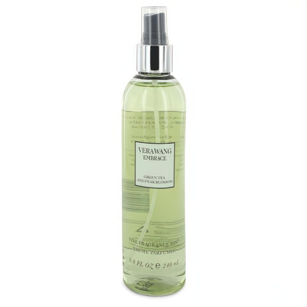 Experience Vera Wang Embrace Green Tea & Pear Blossom 8 oz fragrance mist. Elegant clear bottle, refreshing pale green liquid.