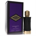 Discover Versace Atelier Safran Royal 3.4 oz EDP. Sleek black bottle with gold cap, next to its luxurious purple and gold box.