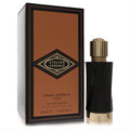 Elegant Versace Atelier Tabac Imperial 3.4 oz unisex EDP. Sleek black bottle with gold cap & base, beside its rich brown box.
