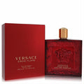 Versace Eros Flame 6.7 oz men's EDP. Iconic deep red textured bottle with gold cap, next to its luxurious matching box.