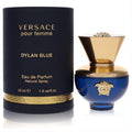 Versace Dylan Blue 1 oz EDP. Elegant blue glass bottle with gold Medusa emblem and matching cylindrical box.