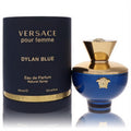 Versace Pour Femme Dylan Blue 3.4 oz EDP: striking deep blue bottle with gold Medusa logo and elegant matching box.