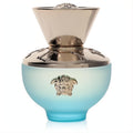 Versace Dylan Turquoise 1.7 oz women's fragrance. Frosted turquoise glass bottle with an iconic gold Medusa head and elegant metallic cap.