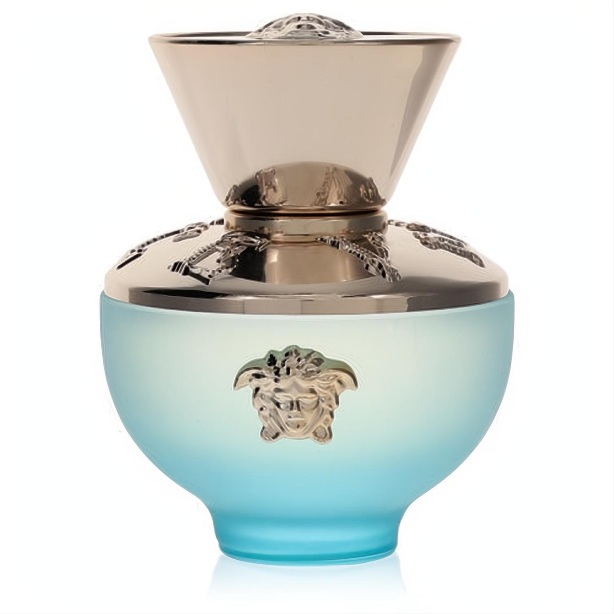 Versace Dylan Turquoise 1.7 oz women's fragrance. Frosted turquoise glass bottle with an iconic gold Medusa head and elegant metallic cap.