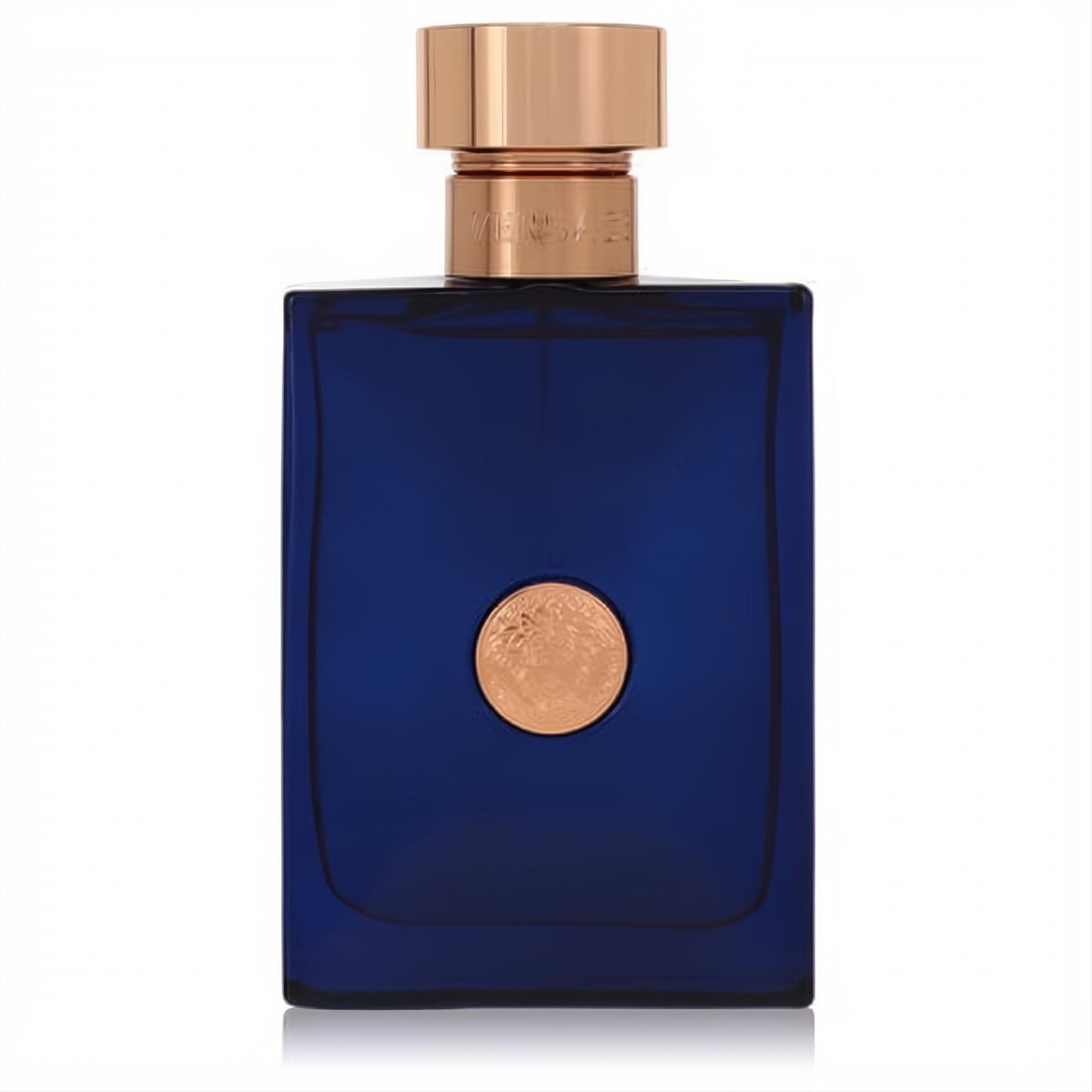 Versace Dylan Blue 3.4 oz men's fragrance. Striking deep blue bottle, luxurious rose gold cap, and iconic Medusa emblem.