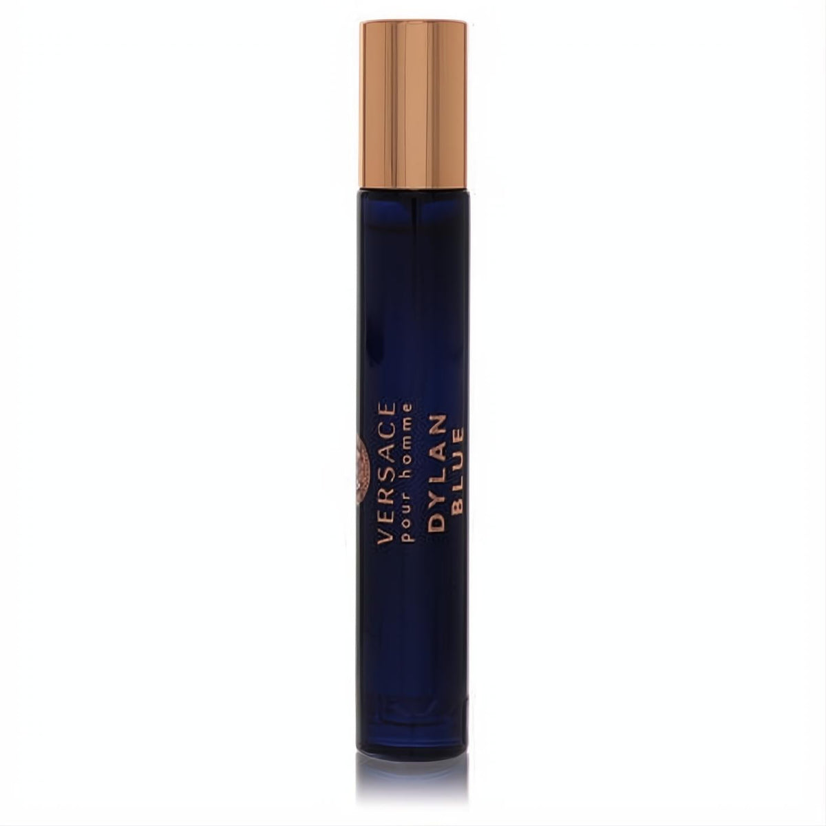 Versace Pour Homme Dylan Blue .3 oz mini EDT spray: sleek dark blue bottle with a luxurious rose gold cap.