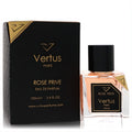 Luxurious Vertus Rose Prive 3.4 oz Eau De Parfum. Elegant clear glass bottle with rose-tinted fragrance, beside a sleek black and gold box.