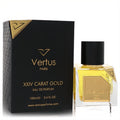 Elegant Vertus XXIV Carat Gold Eau De Parfum, 3.4 oz. Features a sleek black and gold box and clear glass bottle with golden liquid.