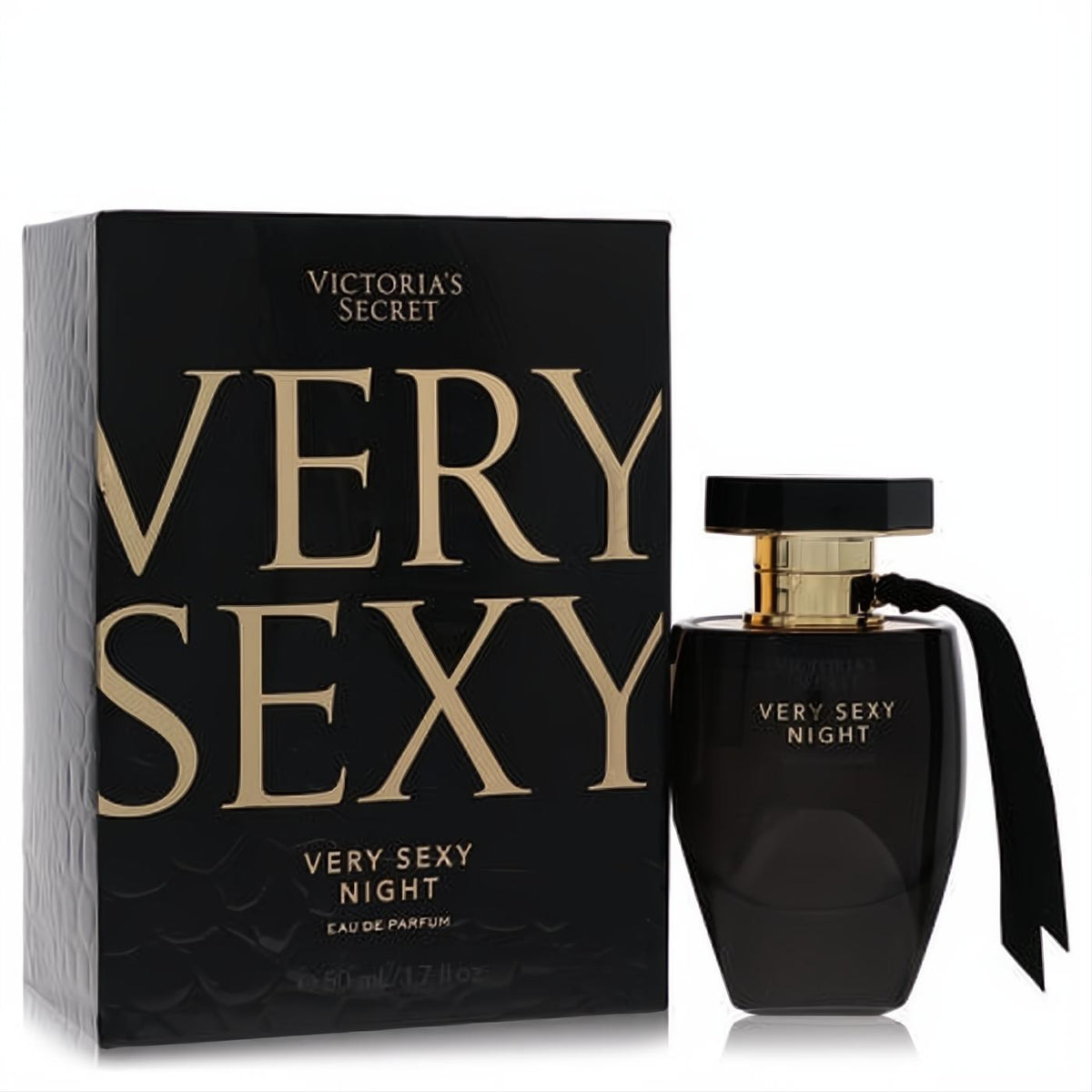 Victoria's Secret Very Sexy Night 1.7 oz EDP. Luxurious black bottle with gold accents, elegant ribbon, and matching textured box.