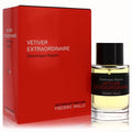 Sophisticated Frederic Malle Vetiver Extraordinaire Eau De Parfum. Clear glass bottle with black cap, bold red box, and elegant black label.
