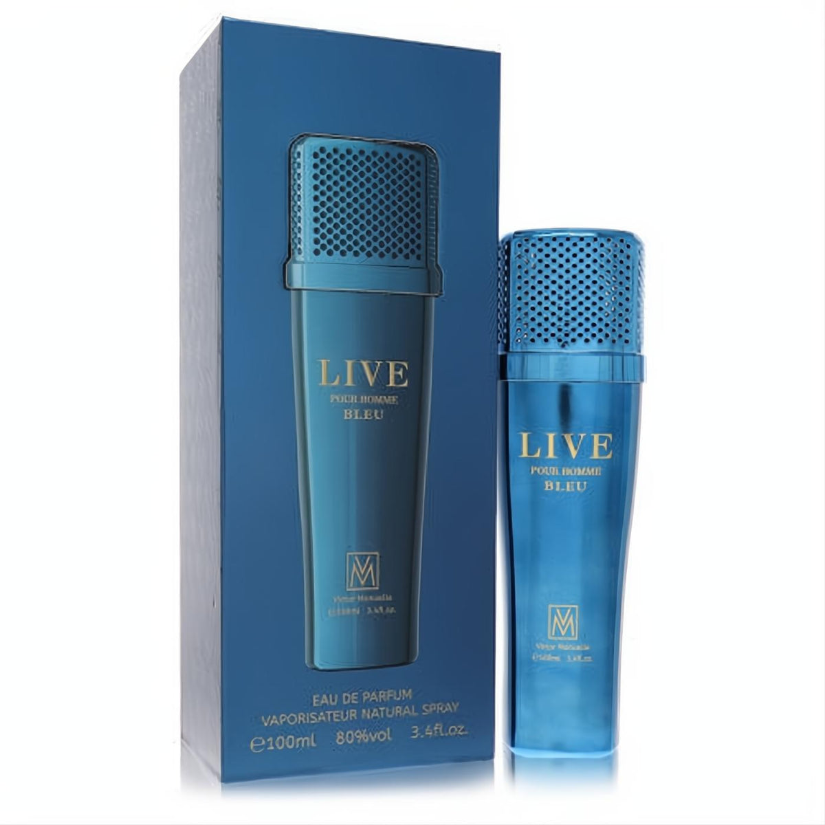 Elevate your style with Victor Manuelle Live Bleu 3.4 oz men's cologne in a striking metallic blue microphone bottle.