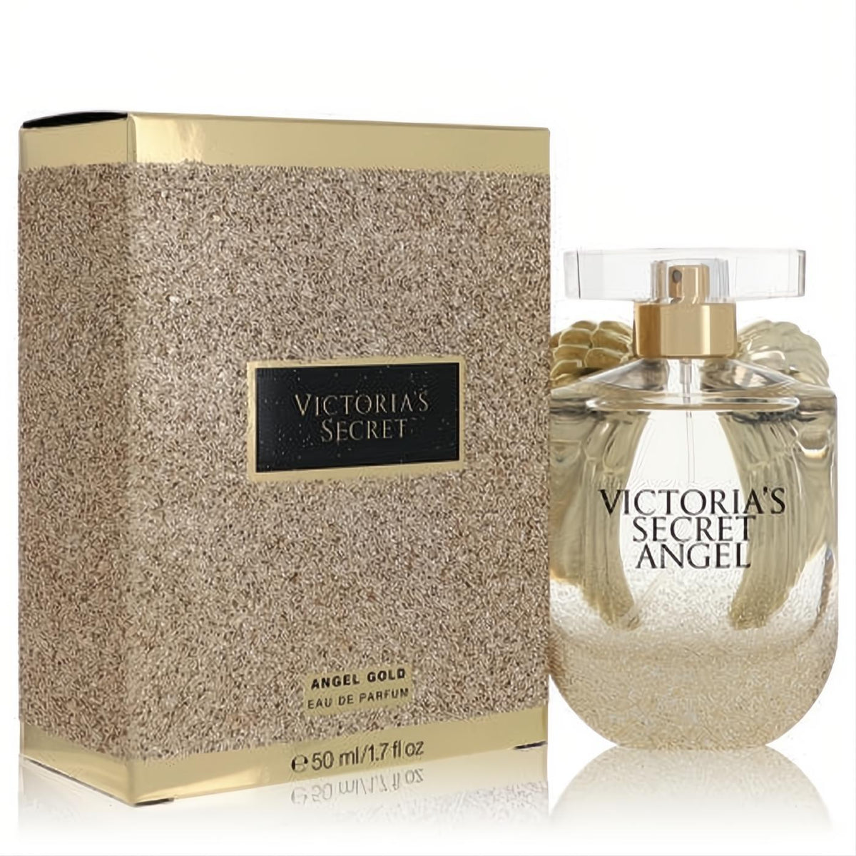 Victoria's Secret Angel Gold 1.7 oz EDP, a sparkling gold perfume bottle with iconic angel wings and matching glitter box.
