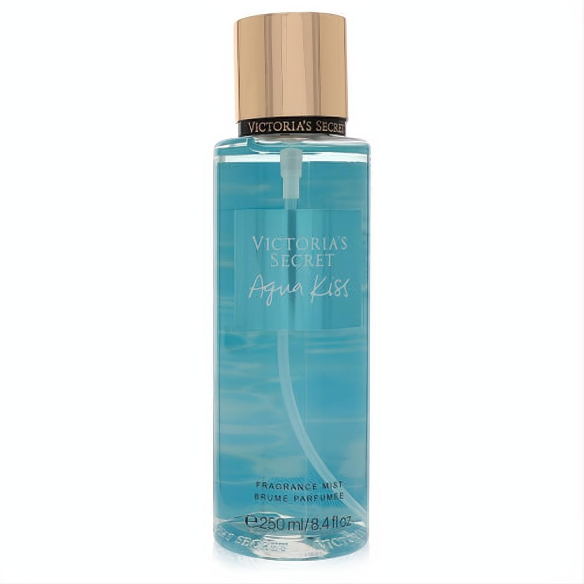 Victoria's Secret Aqua Kiss 8.4 oz fragrance mist. Clear bottle, vibrant blue liquid, sleek rose gold cap.