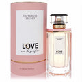 Experience Victoria's Secret Love 3.4 oz EDP. Elegant faceted bottle with blush pink fragrance and chic matching cylindrical box.