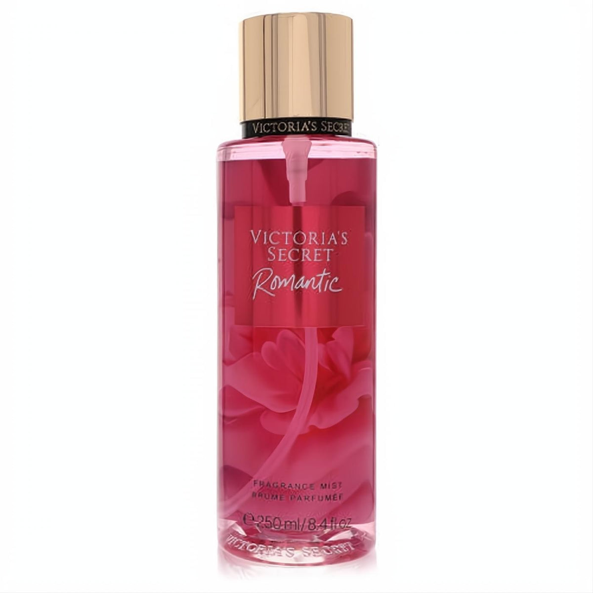 Victoria's Secret Romantic 8.4 oz fragrance mist. Clear bottle with vibrant pink liquid, luxurious gold cap, and elegant floral design.
