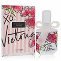 Chic Victoria's Secret Xo Victoria 3.4 oz perfume. Frosted bottle with a white bow, vibrant pink peonies, and a striped box.