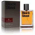 Victorinox Black Steel 3.4 oz men's EDT. Bold amber fragrance in a sleek clear bottle with black cap, beside its sophisticated dark box.