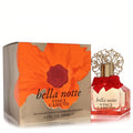 Vince Camuto Bella Notte 3.4 oz EDP. Luxurious faceted bottle, ornate gold cap, red bow, and vibrant orange poppy box.