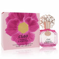 Vince Camuto Ciao 3.4 oz women's EDP spray. Elegant bottle with ornate gold cap, pink ribbon, and vibrant fuchsia floral box.