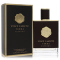 Vince Camuto Terra Extreme 3.4 oz men's Eau De Parfum. Sophisticated dark brown bottle with gold cap, emblem, and matching luxury packaging.