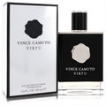 Sleek Vince Camuto Virtu 3.4 oz men's EDT. Bold black bottle with silver cap and seal, next to its elegant white box.