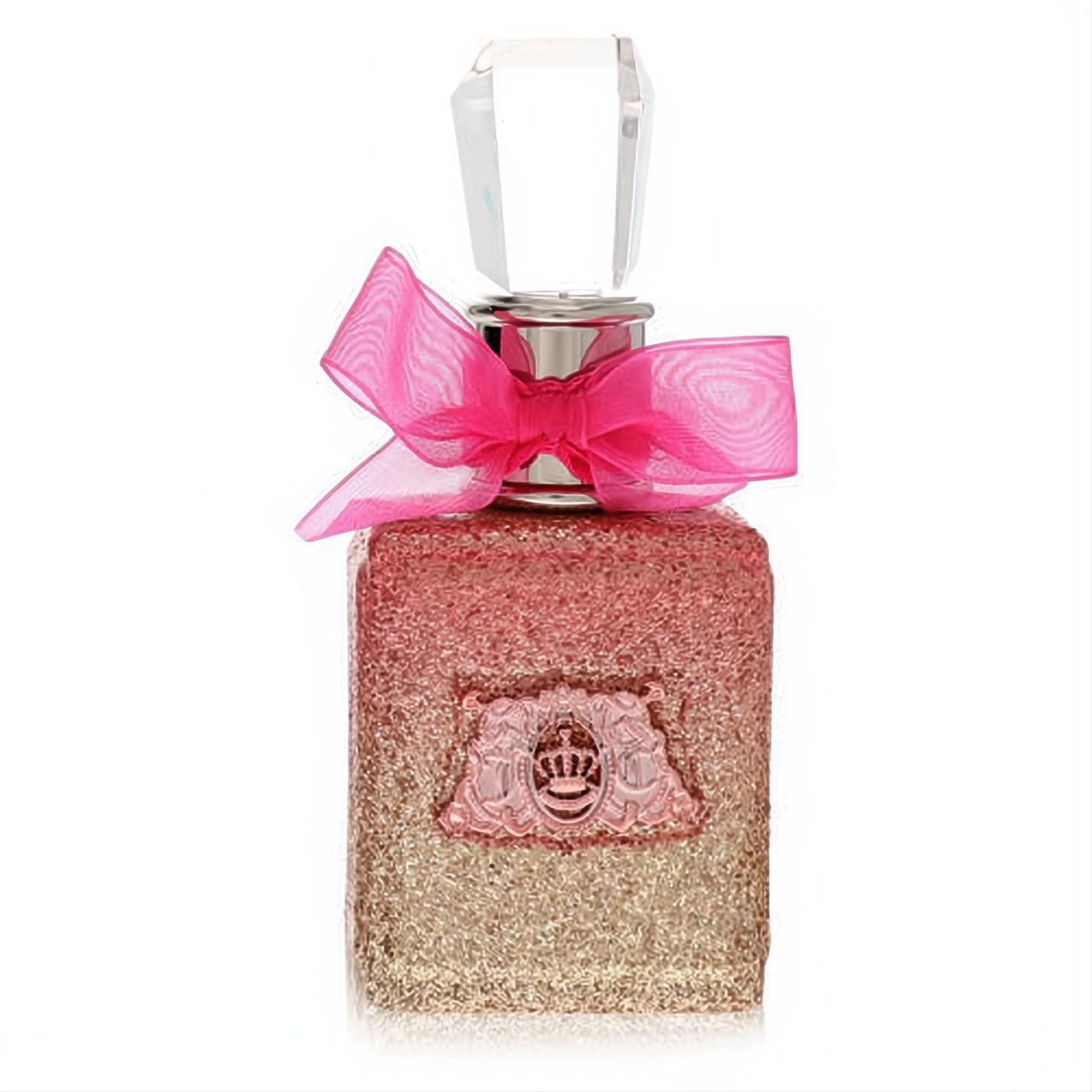Dazzling Viva La Juicy Rose 1 oz perfume bottle with pink-gold glitter, chic pink bow, crystal cap, and crown logo.