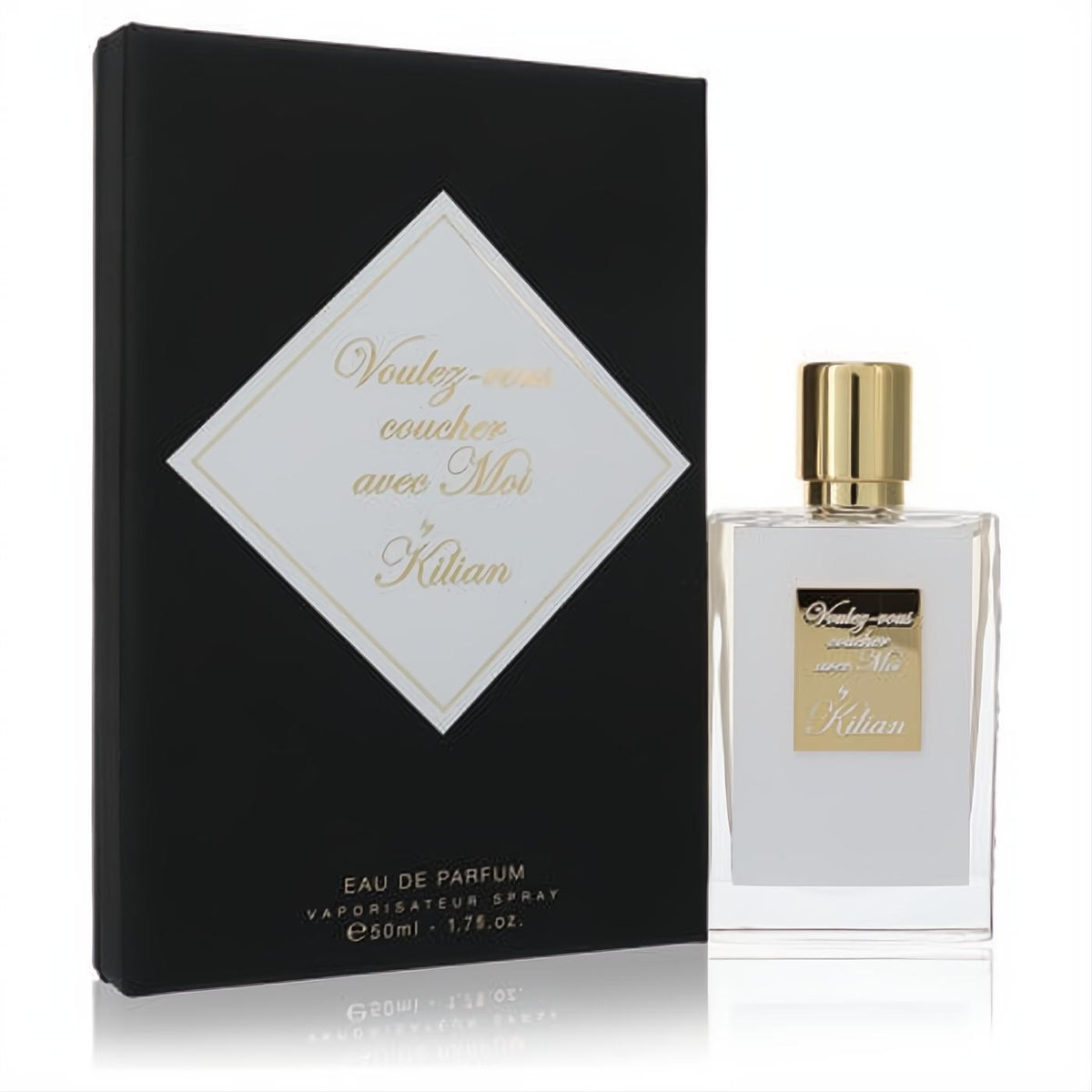 Sophisticated Kilian Voulez-vous coucher avec Moi 1.7 oz EDP spray. Clear bottle with gold cap and black box, featuring elegant gold lettering.