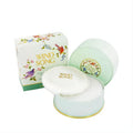 Elegant Wind Song 4 oz dusting powder set: mint green container with gold trim, soft puff, and a charming floral bird box.