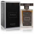 Warek by Kajal 3.4 oz unisex EDP. Frosted bottle, amber liquid, geometric design, gunmetal cap, displayed with its black and silver box.